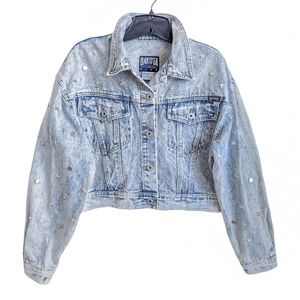 DAKOTA BLUE Vintage 80's Studded Beaded Fringe Cropped Light Wash Denim Jacket